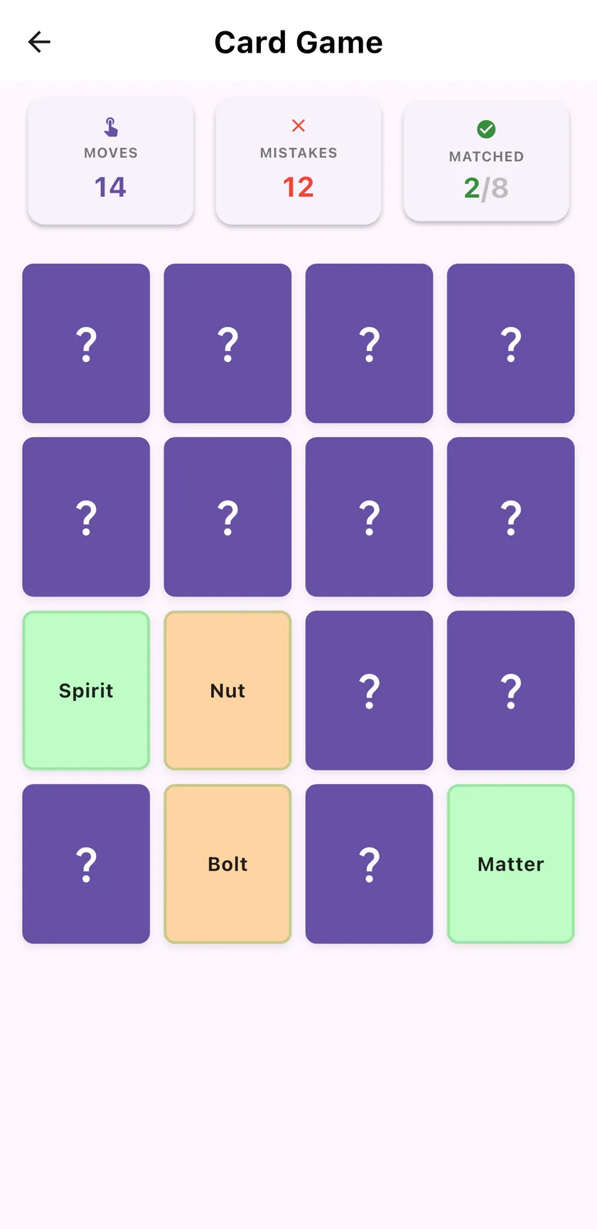 Card Game memory grid with matched word pairs