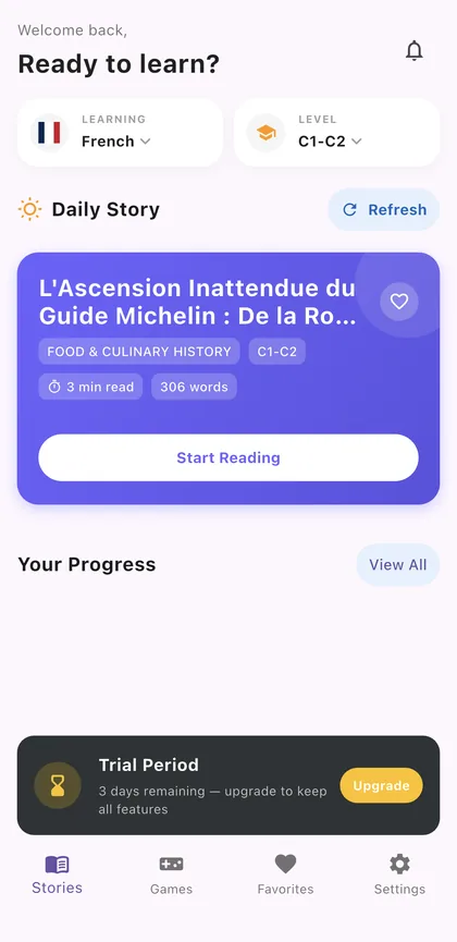 Home screen with a French C1–C2 story about the Michelin Guide