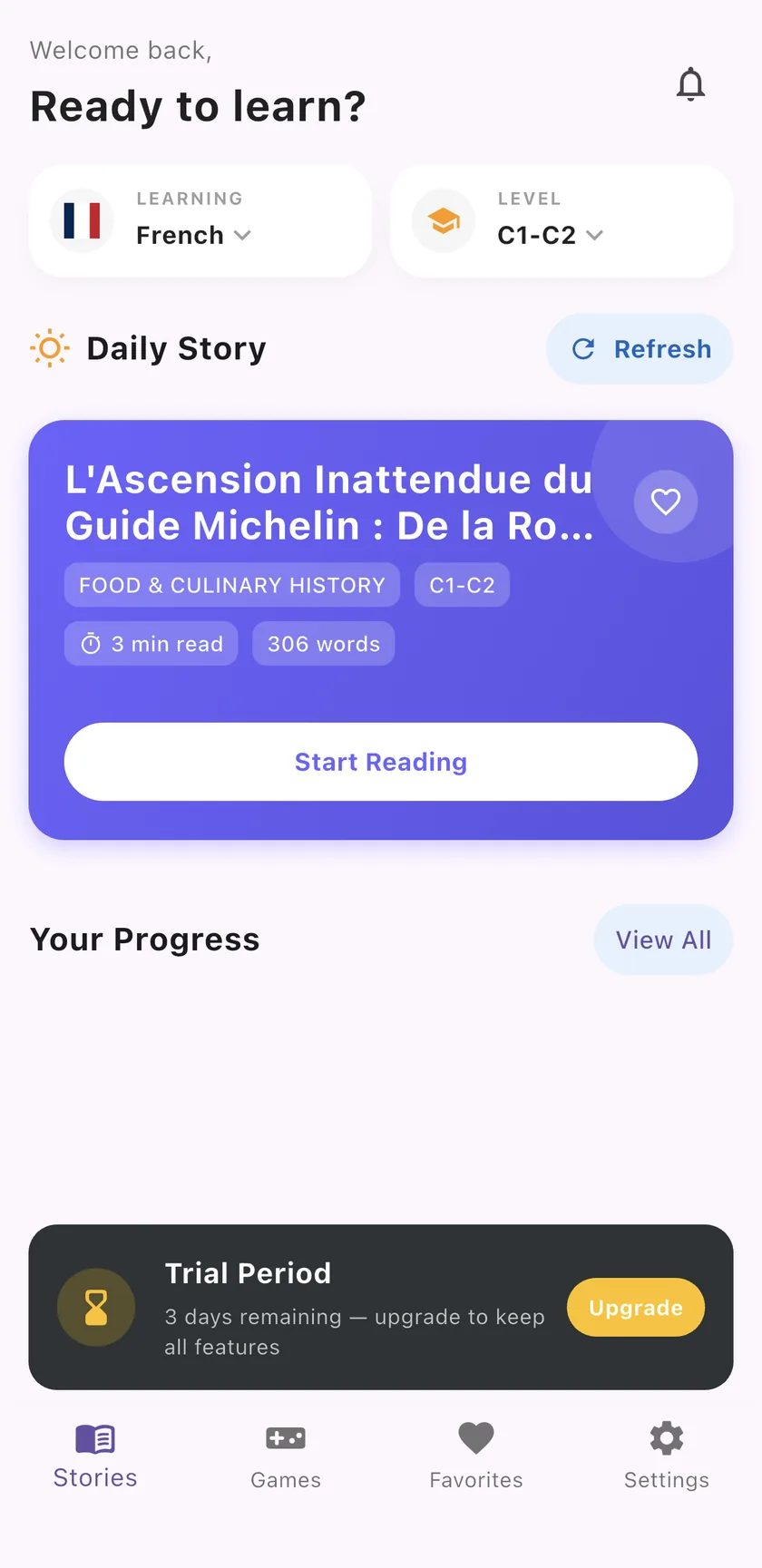 Home screen with a French C1–C2 daily story