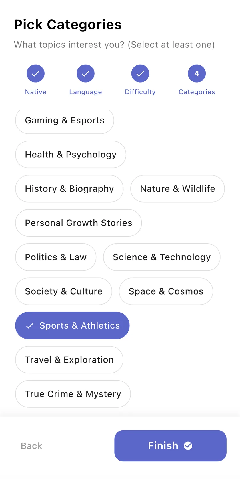 Onboarding: pick at least one category, Sports & Athletics selected