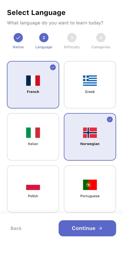 Onboarding step where French and Norwegian are selected as languages to learn