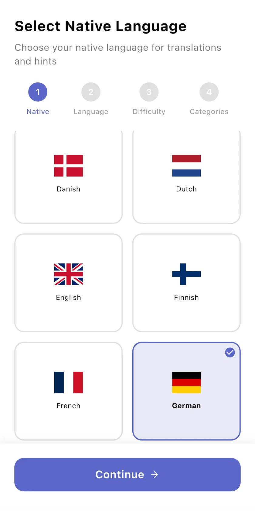 Select native language screen