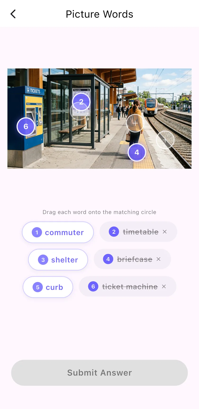 Picture Words game with words to place on a train station photo