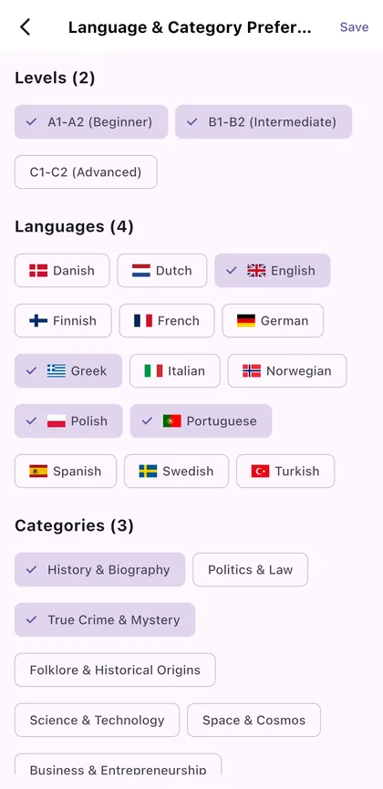 Language and category preferences