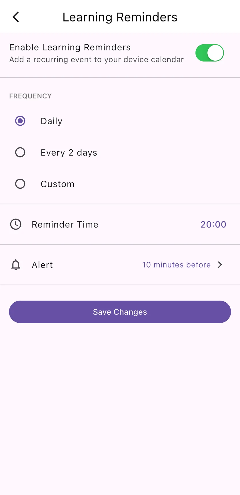 Learning Reminders set to daily at 20:00