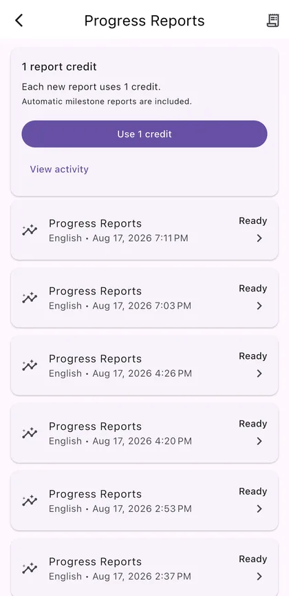 Progress Reports screen listing ready reports