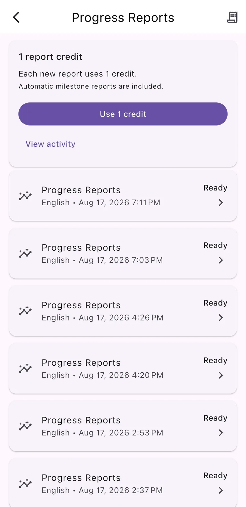 Progress Reports screen with ready reports