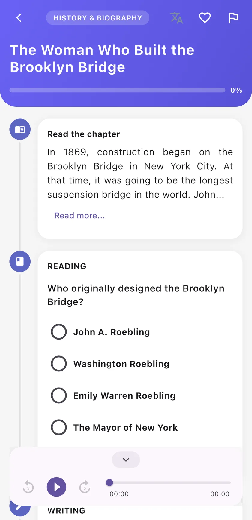 Story screen with the audio player open and a reading question