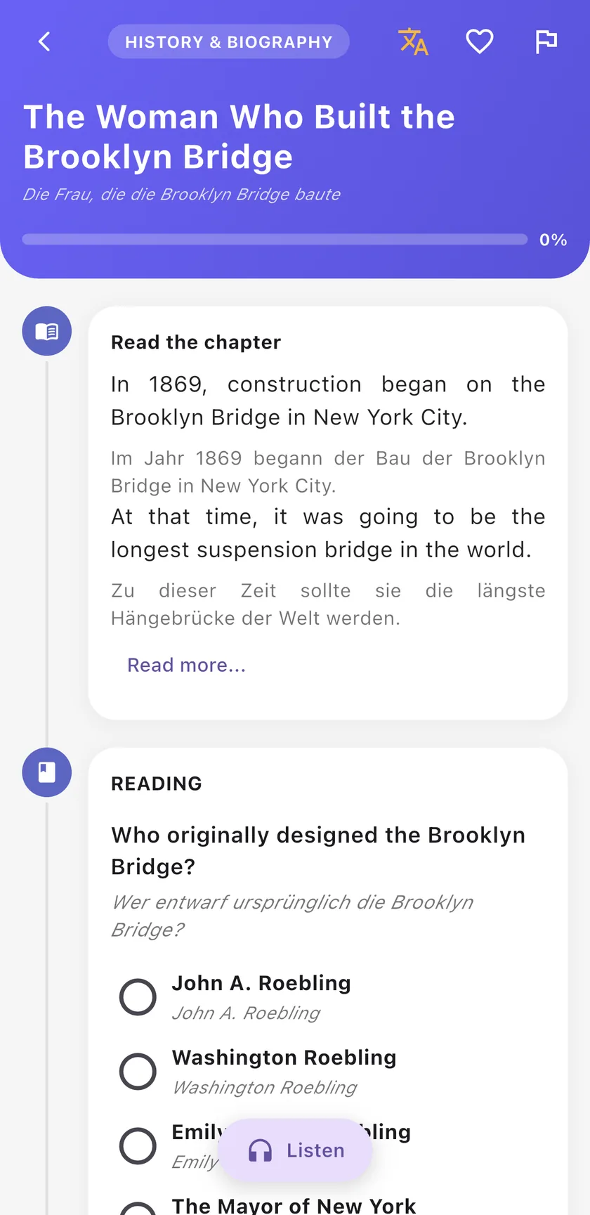 English story with German translations under each sentence